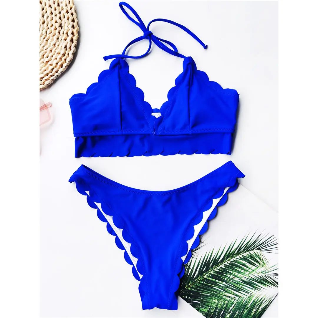 2020 Scalloped Mid Waist Bikini Female Swimsuit Women Swimwear Two-pieces Bikini set Halter Bather Bathing Suit Swim Lady V2446