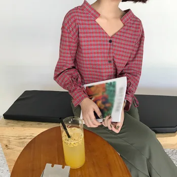 

Autumn Blouses Femme Korean V-neck Loose Blouses Women Sweet Casual Long Sleeve Shirt Plaid Blouse Tops
