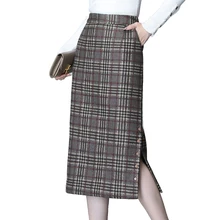 Зимняя шерстяная Женская юбка с высокой талией, с разрезом, в клетку, с карманами, для офиса, для девушек, юбки средней длины, плюс размер M-4XL