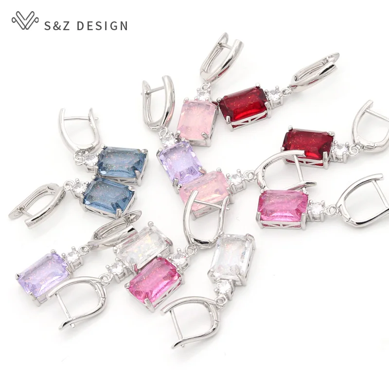 S&Z Fashion Geometric Square Colorful Resin Round Zirconia Dangle Earrings For Women Girl Wedding Party Personality Jewelry