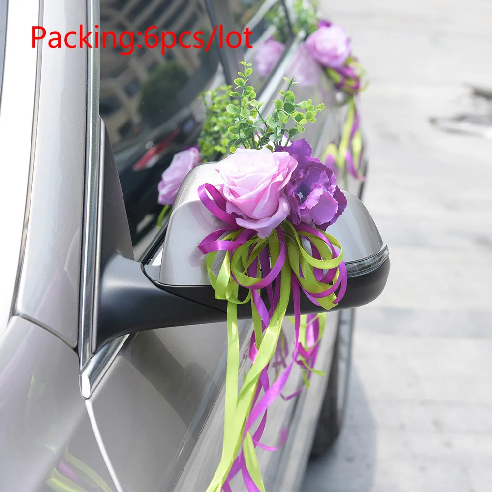 Фиолетовый Искусственный цветок розы с лентой для свадебной двери автомобиля ручки зеркало заднего вида цветы для невесты Значки для вечеринки декора автомобиля - Цвет: Handle 6pcs