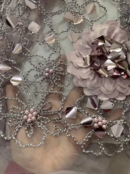 

3 d flowers sequin beads lace fabric fringe material african french net lace tulle fabric high quality evening dresses5yard/lot