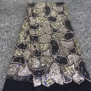 

Gold Black African Lace Fabric 3D Sequins Embroidery African French Tulle Lace High Quality Net Lace Fabric For Wedding Dress