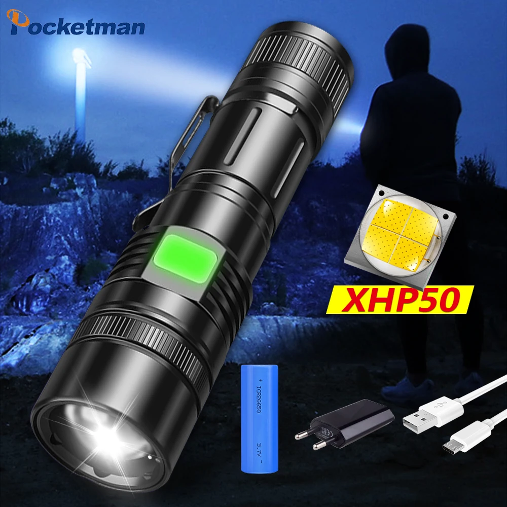 

Super Bright LED Flashlight XHP50 Tactical Torch USB Rechargeable 5 Modes Camping Light Waterproof Zoomable Lantern 18650/26650