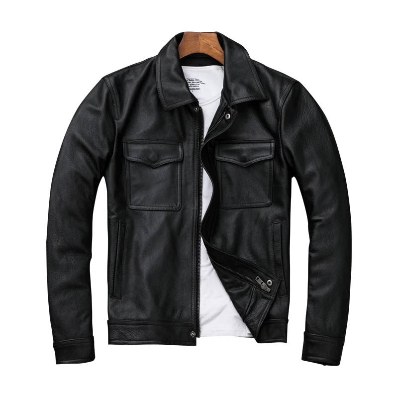 

Free shipping.Genuine Leather jacket.classic black cowhide jacket.style pea coat.fashion jacket for man.plus size slim sales