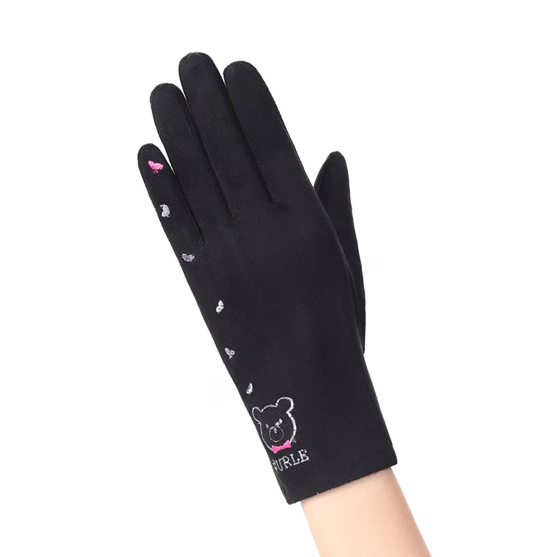 C Black Модная зимняя женская обувь теплые детские джинсы с кашемиром Glovers три ребра с милым медведем варежки двойные толстые плюшевые Для женщин Сенсорный экран водительские перчатки - Цвет: C Black