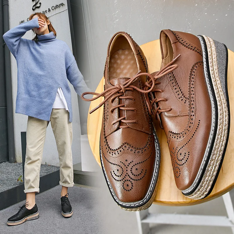 

2019 Early Spring New Style Square Head Bullock Retro Platform British-Style Casual Shoes Slanted Heel Straw Lace-up WOMEN'S Sho