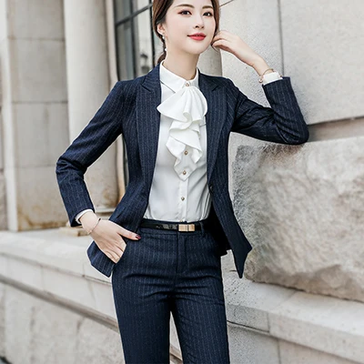 Blue Pant Suit Женские деловые штаны, костюм для работы, Модный Женский блейзер в полоску, женский костюм из двух предметов, черный, синий цвет, S-4XL для офиса - Цвет: Blue Pant Suit