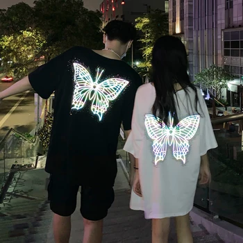 

Women Summer Fashion Korea Version Solid Color Oversized O-neck Tshirt Couple BF Style Butterfly Luminous Casual Tee