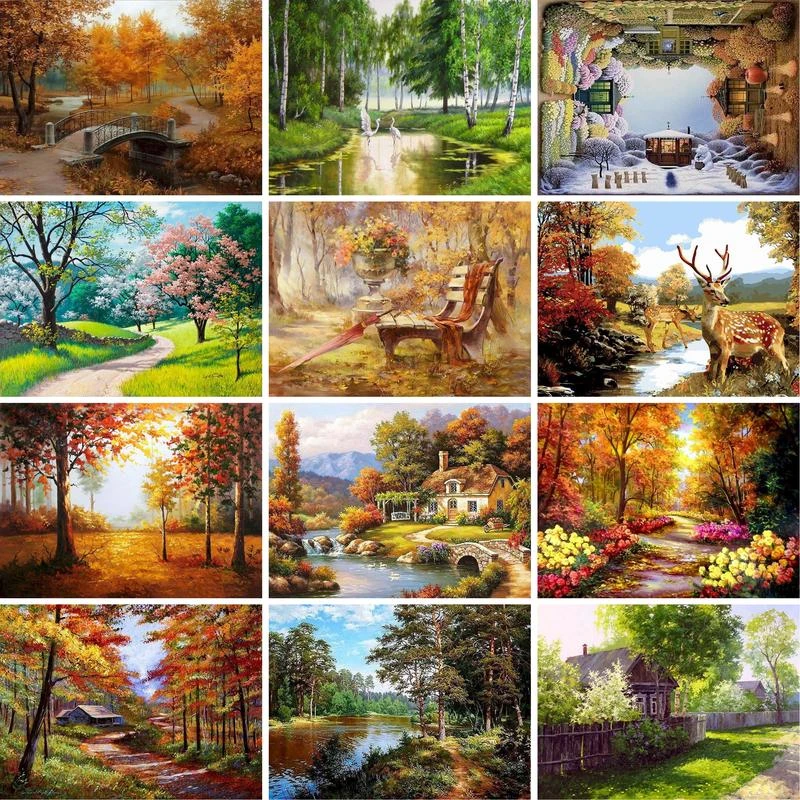 Gatyztory 60x75cm Frame Diy Painting By Numbers Tree Landscape Paint By