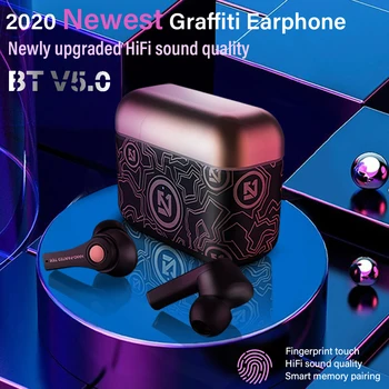 

2020 Newest Graffiti Earphone TWS 5.0 Wireless Headset Automatic pairing HiFi Stereo Earbuds for Sport Extra Bass Stereo HD call