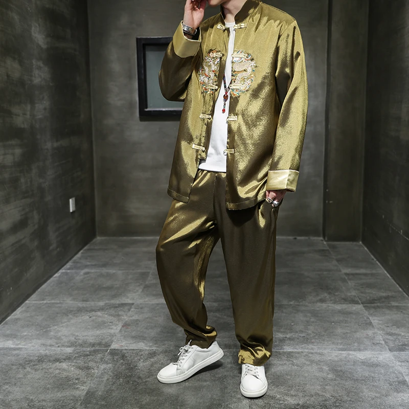 Chinese Style Men's Clothing Ice Silk Embroidery Golden Han Suit Tang Buckle Set Two-piece Traditional | Тематическая одежда и