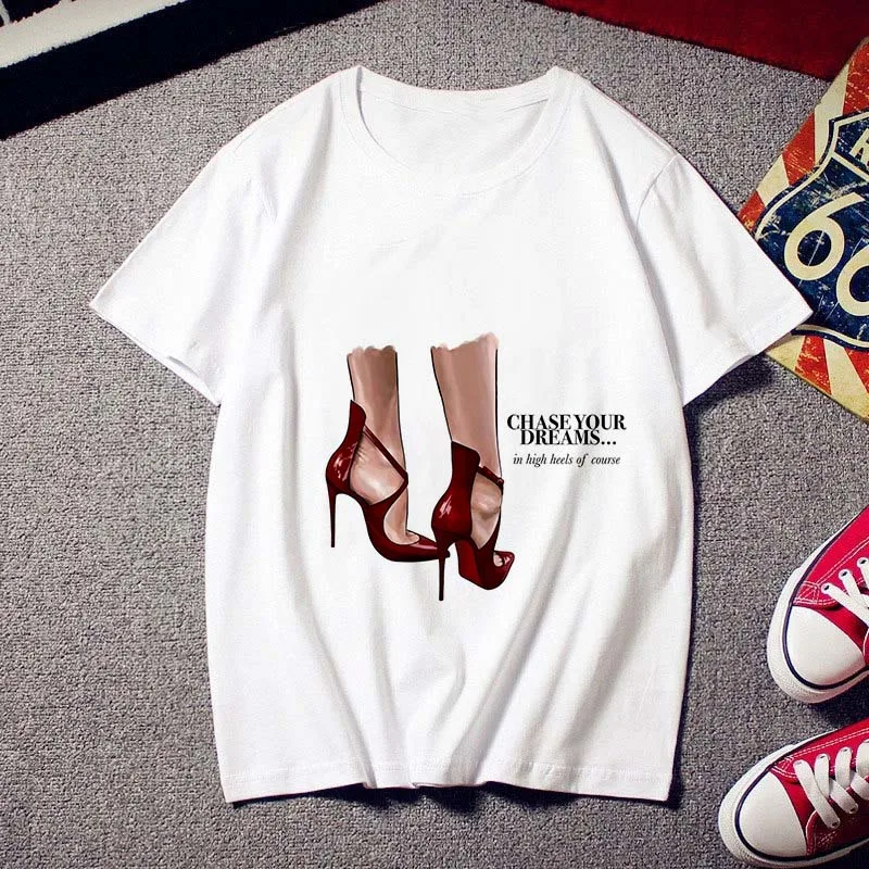 Women T shirt Fashion High heels printed Tees Tops clothing New Summer t-shirt Harajuku personality Thin section tshirt female