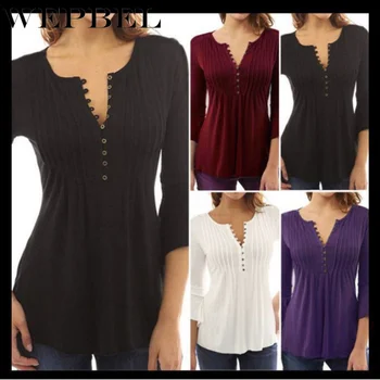 

WEPBEL Women's Shirt Loose Casual 3/4 Sleeved Solid Color V Neek Button Blouses Chiffon Loose Tops