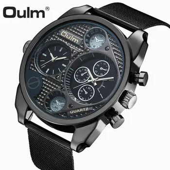 

OULM Military Oversize Quartz Watch Men Black Mesh Strap 2 Time Zone Mens Watches Top Brand Luxury Men's Fashion Wristwatches