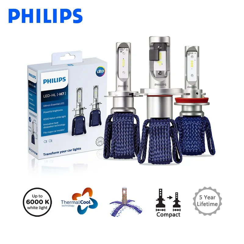 Philips LED H4 H7 H8 H11 H16 9005 9006 9012 HB3 HB4 HIR2 Ultinon Essential LED Car 6000K White Light Auto Headlight Lamps 2X