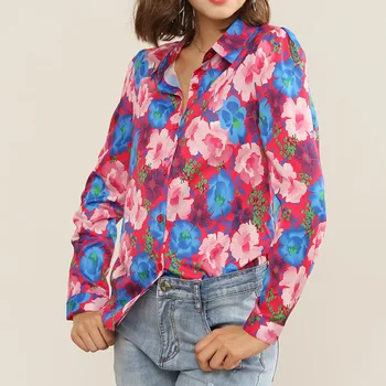 

2019 Autumn Floral Shirt Pink Women Shirts Long Sleeve Ladies Blouse Boho Beach Shirt Women Tops Summer 2018 Flower Ladies Tops