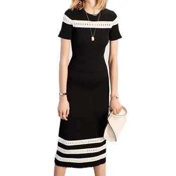 

ZAWFL Runway Brand Black Striped Short-sleeved Hollow Knit Pullover Top + Long Two-piece Set Elegant Summer Women Clothes 2020
