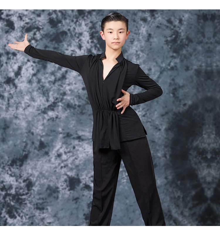 Костюм для латинских танцев для мальчиков черная футболка с длинными рукавами для тренировок одежда для соревнований бальных танцев Детские топы для сценических танцев Samba DQL2728