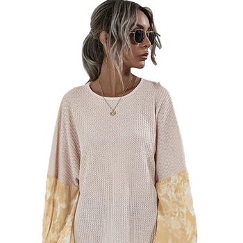 

2020 New Casual Round Neck Knitted Stitching Printing TieDye Lantern Sleeve Top T0027A