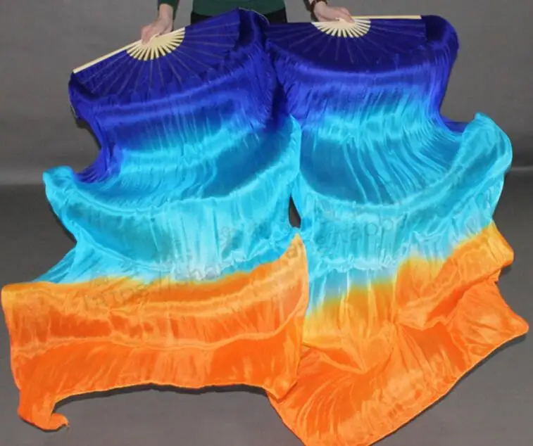 as picture New Arrivals Women Belly Dance Fan Veil Hand Made White Navy Blue Gradient Silk Veil Pairs 180x90cm Girls Women Stage Show Props - Цвет: as picture