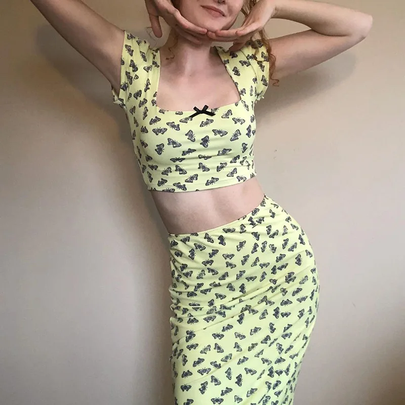 Sweet Cute Butterfly Strawberry Print 2 Piece Set Women Crop Top Midi Skirt Bodycon Streetwear Summer Sexy Outfits Clothes | Женская