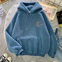  New Autumn Winter Thick Warm Coat Velvet Cashmere Women Hoody Sweatshirt Solid Blue Pullover Casual Tops Lady Loose Long Sleeve 