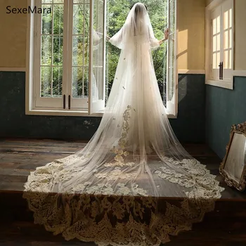 

Custom Made Romantic Long Bridal Veils Cathedral Length Lace Applique Wedding Veil With Free Comb White Ivory Champagne