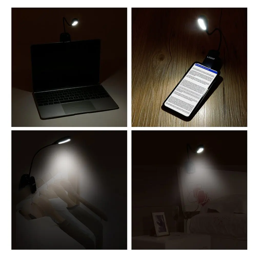 LESHP перезаряжаемый 4LED книжный/музыкальный светильник, Гибкая Настольная лампа с зажимом, регулируемое освещение, гусиная шея, встроенный аккумулятор 1000 мАч