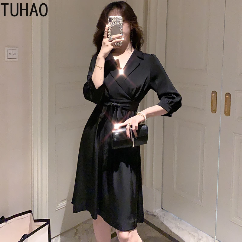 TUHAO, сексуальное элегантное платье для вечеринки, для женщин,, осень, зима, для девушек, с зубцами, платье для офиса, для девушек, OL, ночные платья, черные, WM20