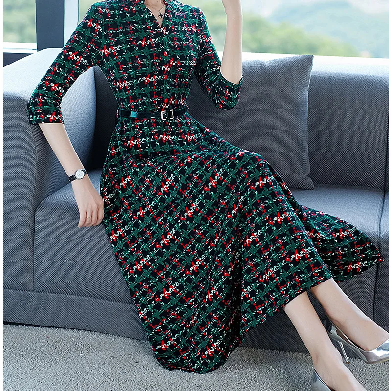 

Fashion V-neck Printed Dress Female Autumn 2019 New Style Waist Hugging Slimming Elegant A- line Skirt Long Jersey Dress