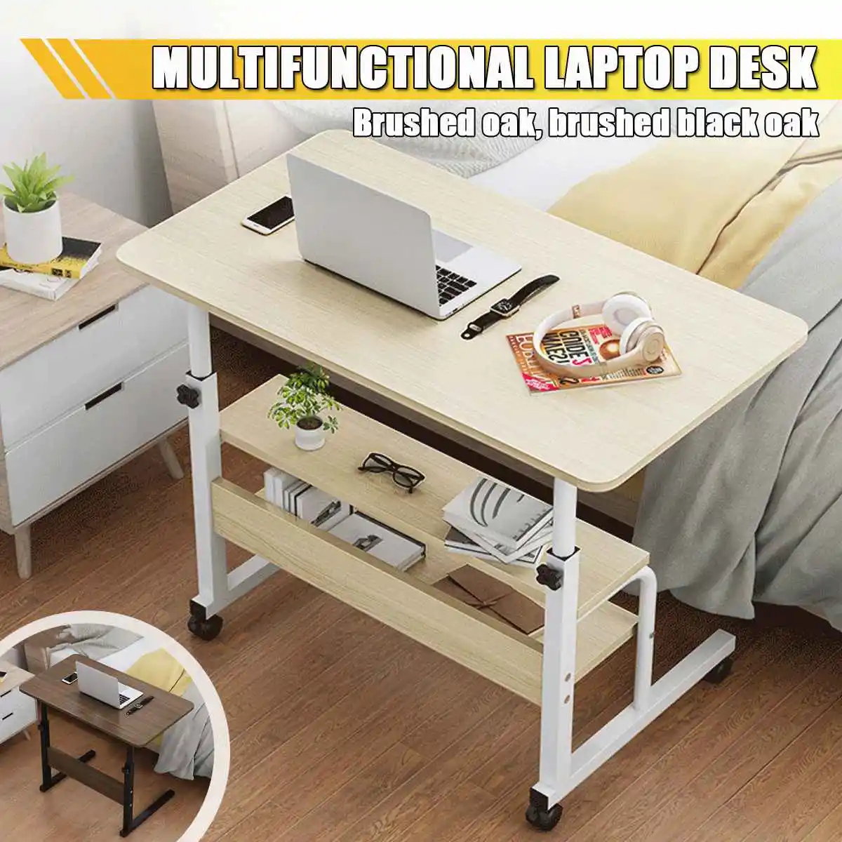

INSMA Multifunctional Movable Bedside Laptop Desk Wooden Brushed Oak Computer Table Study Table Computer Stand