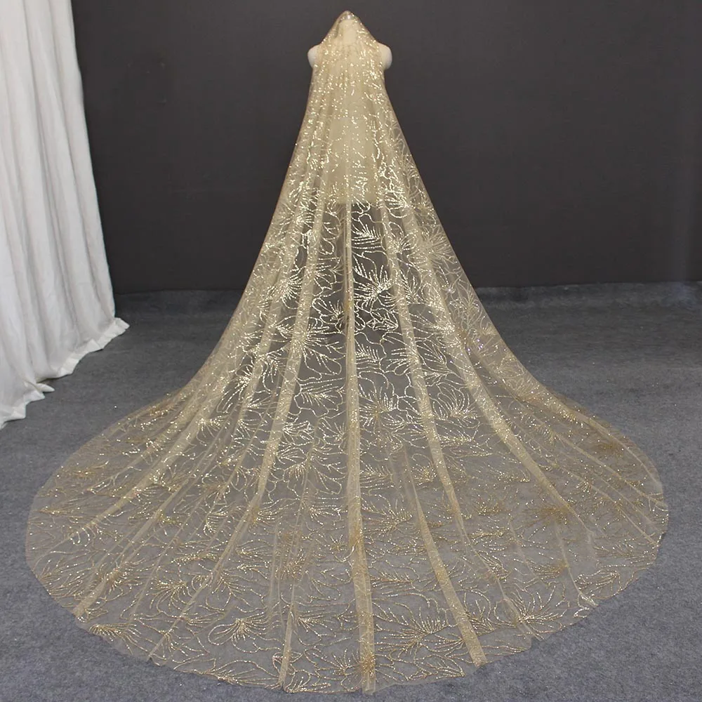 U-Hotmi Women Cathedral Wedding Veil Long Bridal Veil Lace Sequins Edge with Metal Comb 