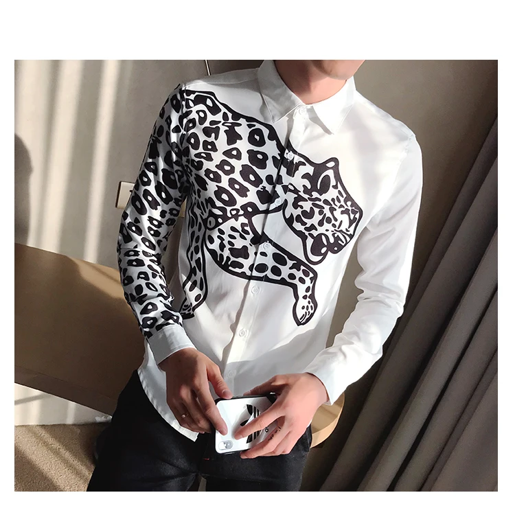 Модная винтажная рубашка с принтом животных MenCamisa Masculina Slim Fit для клубной вечеринки, выпускного вечера, мужская рубашка с принтом Chemise Homme
