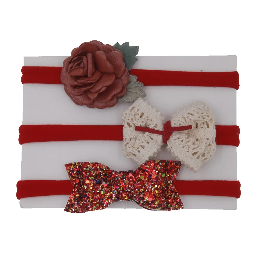 Детская повязка для волос цветок с блёстками для девочек резинка для волос набор повязок головной убор ручной работы в Корейском стиле; Детские аксессуары для волос, 3 шт./лот - Color: red
