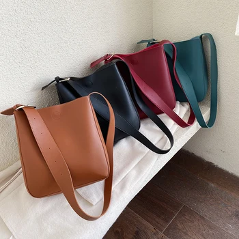 

casual large capacity totes designer wide strap buckets bag luxury soft pu leather shoulder crossbody bags lady simply big purse