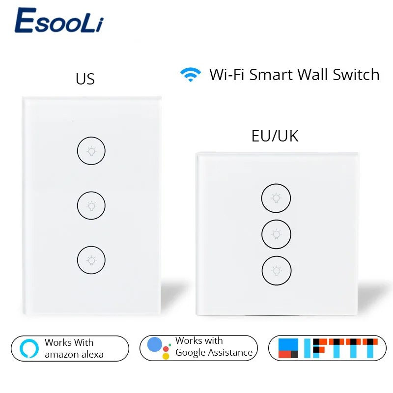 Умный настенный сенсорный выключатель Esooli Smart Life с Wi Fi стеклянная панель