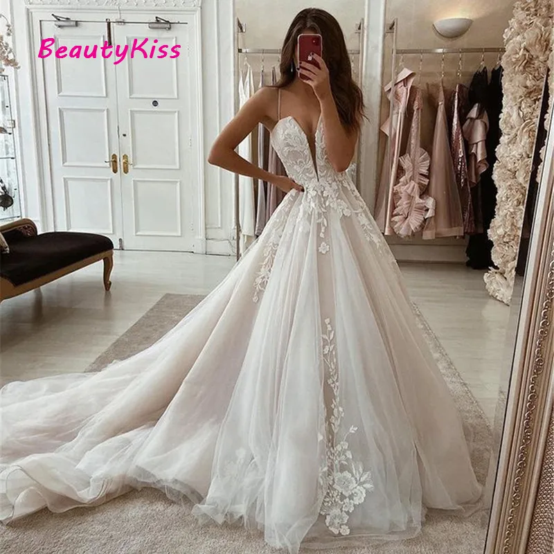 New Strapless Tulle Lace 2018 Princess A-line Wedding Dresses Bridal Gown Custom 