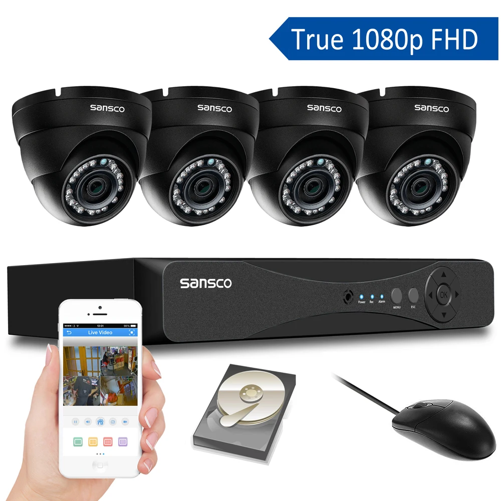 Камера видеонаблюдения SANSCO 4 канала 1080P HDMI DVR 4-кратный купольный