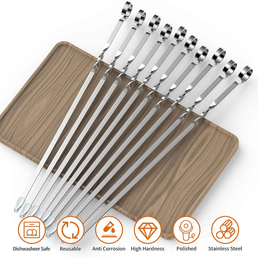 10pcs BBQ Skewers Reusable Stainless Steel Barbecue Sticks Flat Cooking Grill Skewers Home Camping Kitchen Tools