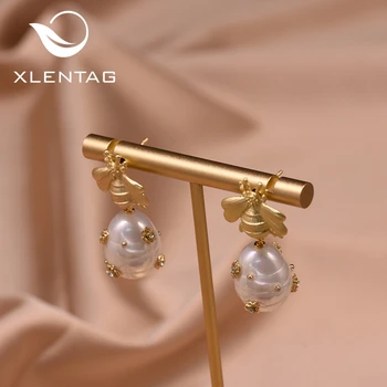 

XlentAg Natural Freshwater Pearl Earrings For Women Baroque Pearl Drop Earings Wedding Gift Bee Funny Luxury Jewelry 2020 GE0665