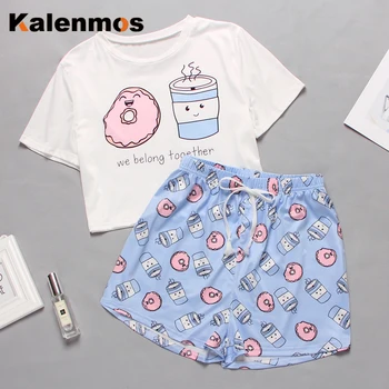 

KALENMOS Women's Sleepwear Cute Cartoon Print Short Sleeve Set Pajamas for Women Pajama Sweet T Shirts & Shorts Summer Pijama