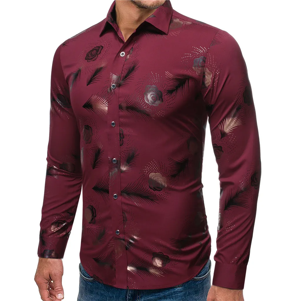Camisa Masculina мужская новая стильная модная красная рубашка с длинными рукавами с принтом из полиэстера с длинными рукавами 19Aug20 P30