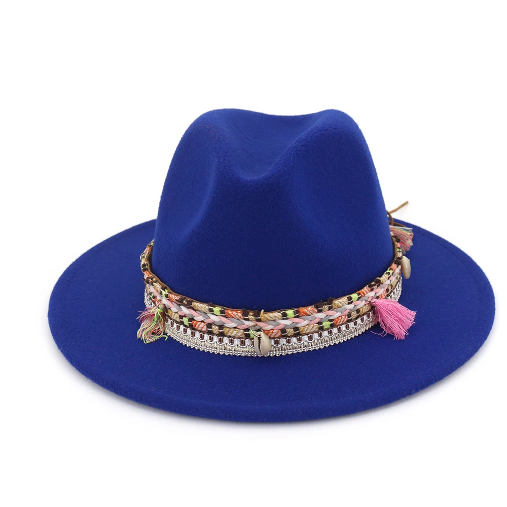 Модная женская шерстяная шляпа Fedora с бахрома на ленте вечерние шляпы для элегантного Ladywide джазования с полями шляпка для церкви