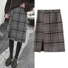 Женская осенне-зимняя юбка в стиле ретро, повседневное универсальное шерстяное клетчатое однобортное платье с высокой талией, длинная юбка