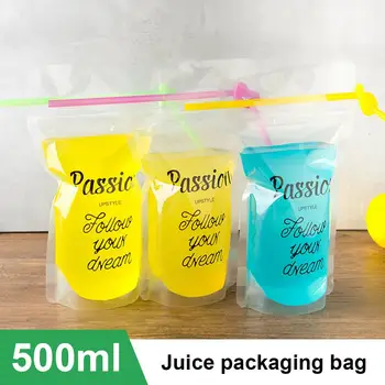 

100PCS Disposable Drink Pouch With Straws Zipper Reclosable Drink Liquid Storage Bags For Juice Coffee Clear Beverage Bag 500ml
