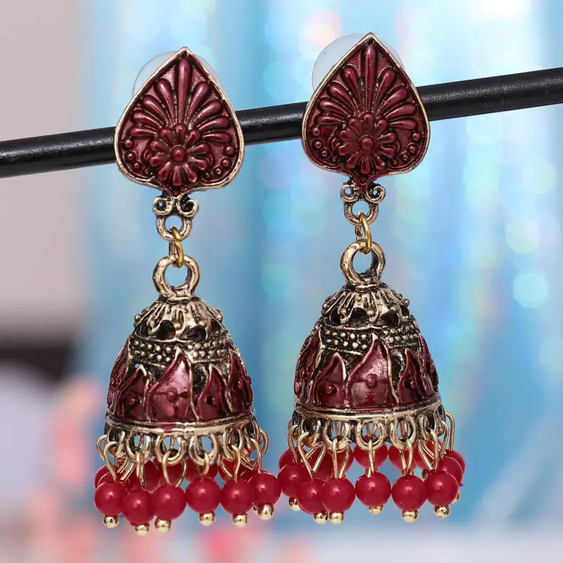 Индийские Jhumka серьги «Слоник» цыганские ювелирные изделия в стиле ретро этнические бусины в античном стиле висячие серьги с кисточками для женщин богемный подарок - Окраска металла: C red