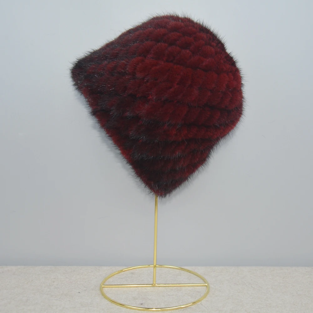 Russia Winter Lady Natural Mink Fur Beanies Hat Knit Warm Striped Genuine Mink Fur Caps Women Good Elastic Real Hat