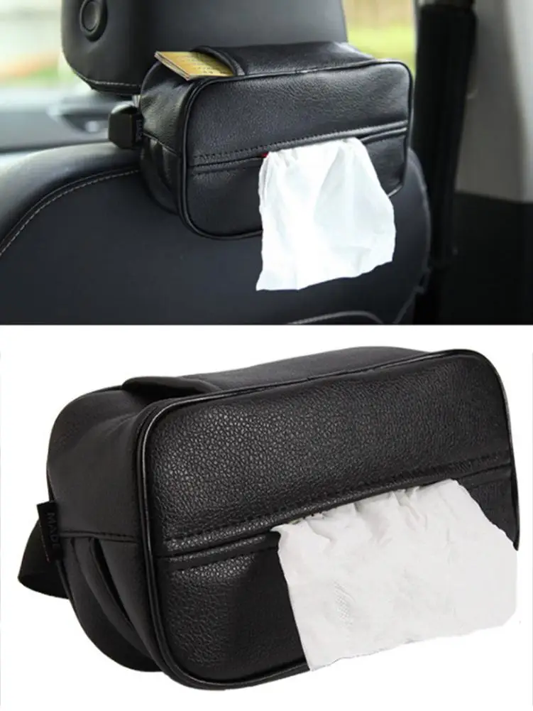 

1PC Universal Car Tissue Holder PU Leather Black Backseat Tissue Box Organizer Storage
