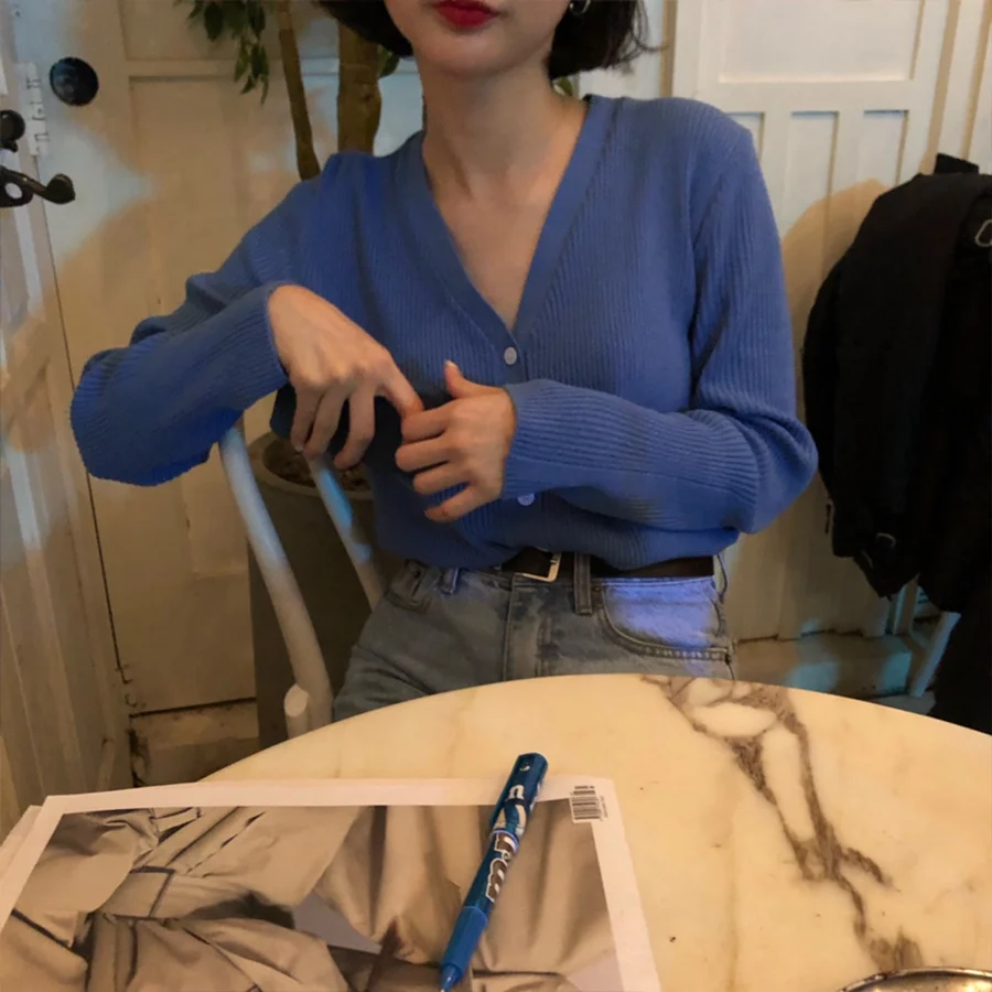 Autumn Women's Knitted Sweater Long Sleeve Single Breasted Sexy V-neck Korean Vintage Streetwear Casual Knitting Robe Femme